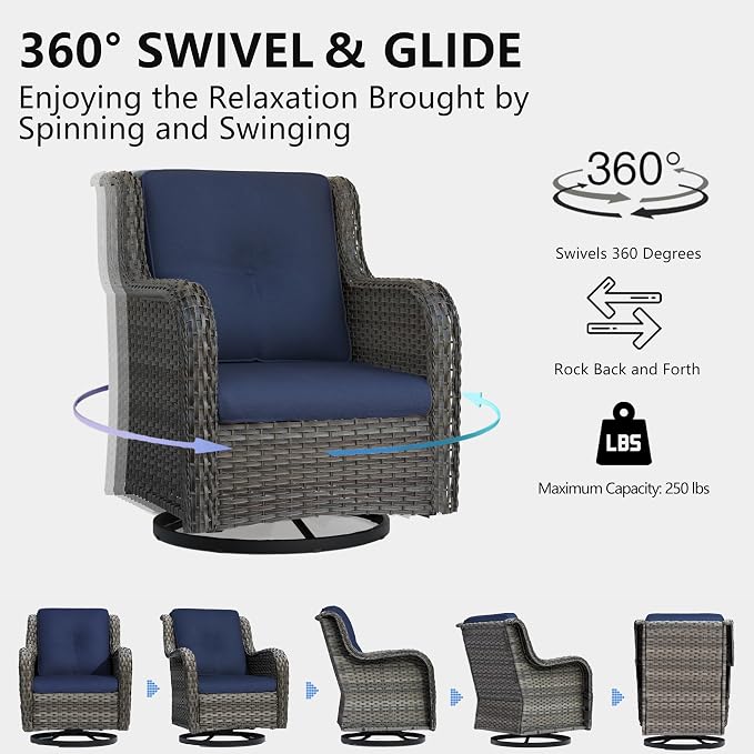 5 Piece Outdoor Patio Furniture Set Wicker Conversation Bistro Set Swivel Rocking Chairs with Side Table and Ottomans for Backyard, Porch, Deck(Mixed Grey/Blue)