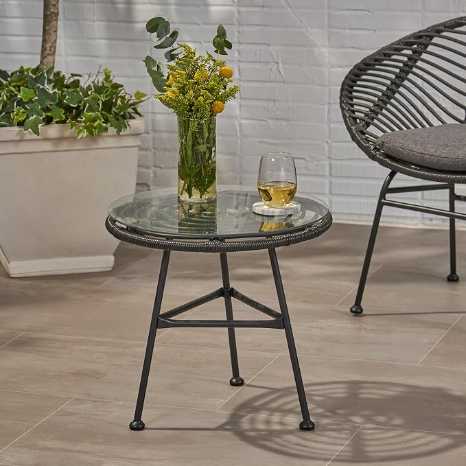 Rattan Outdoor Side Table with Tempered Glass Tabletop, Weather-Resistant Patio End Table, Stable Steel Frame for Balcony, Porch, Deck, Grey