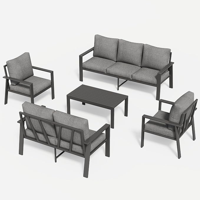 5 Pieces Aluminum Patio Conversation Set Metal Deck Outdoor Furniture 7-Seat All-Weather Rust-Proof Sectional Sofa Set with Removable Cushion for Balcony, Yard, Poolside & Small Spaces