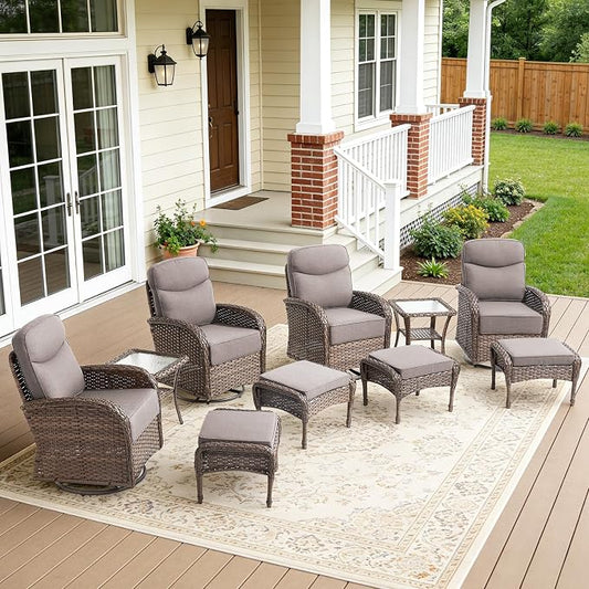 10-Piece Luxury Patio Furniture Set with 6-Inch Thick Cushions, High-Back Outdoor 4 Swivel Rocking Chairs with Wicker Side Table, All-Weather Conversation Set for Porch, Deck, Yard–Gray