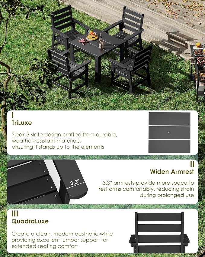 GREENVINES 5-Piece-Outdoor-Dining-Set | HDPE | Square | Patio Furniture | Table and Chairs Sets for 4 | All Weather | Umbrella Hole | for Backyard Poolside Garden | QuadraLuxe | Black