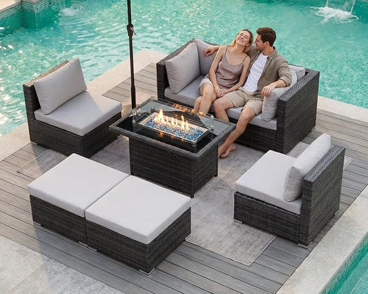 BULEXYARD 7 Piece High Back Outdoor Sectional Set with Fire Pit Table, Wicker Patio Furniture Set Weather-Resistant, Modular 6-Person Couch Sofa Comfortable Wide Deep Seats for Backyard, Light Grey