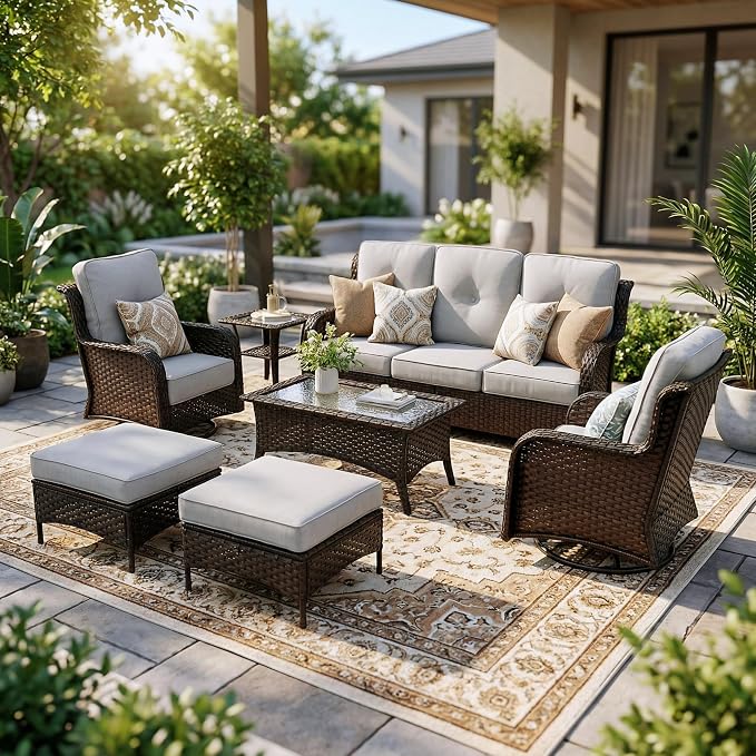 Sundale Outdoor 7 Piece Wicker Patio Furniture Set, High Back Outdoor Couch with Swivel Chairs, Ottoman & Coffee Table, 6" Thick Cushion Patio Conversation Sets with Deep Seating for Yard, Deck (Grey)