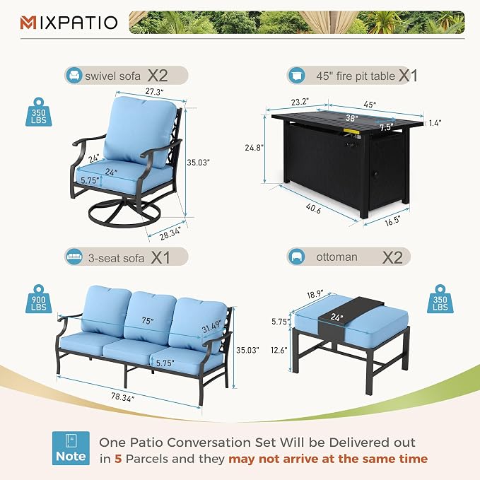 MIXPATIO Patio Furniture Set, 6 Pcs Metal Outdoor Conversation Set, 2 Swivel Chairs, 2 Ottomans and 3 Seater Sofa with 5.75" Extra Thick Cushion and Gas Fire Pit Table, Blue