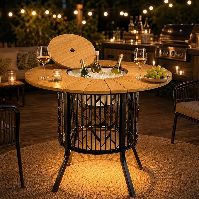 ONBRILL Round Patio Coffee Table with 3.3 Gallon Ice Bucket, 31.5 Inch Solar-Light Cooler Side Table, HDPS Outdoor Dining Table with Metal Base for Outside, Porch, Garden, Backyard, Black & Oak