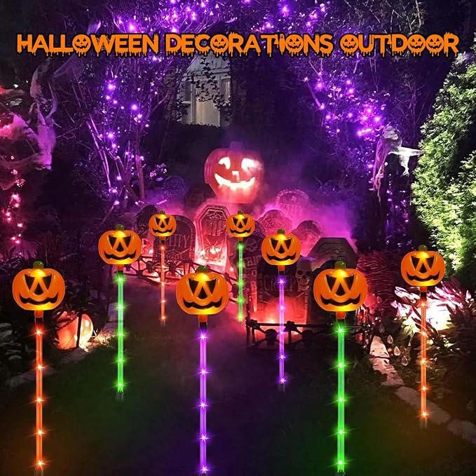 12 Pack Solar Pumpkin Lights Outdoor Waterproof for Halloween Decorations | 8 Modes Halloween Pathway Solar Lights, Orange Purple and Green, for Yard Garden Patio Holiday Party Decor