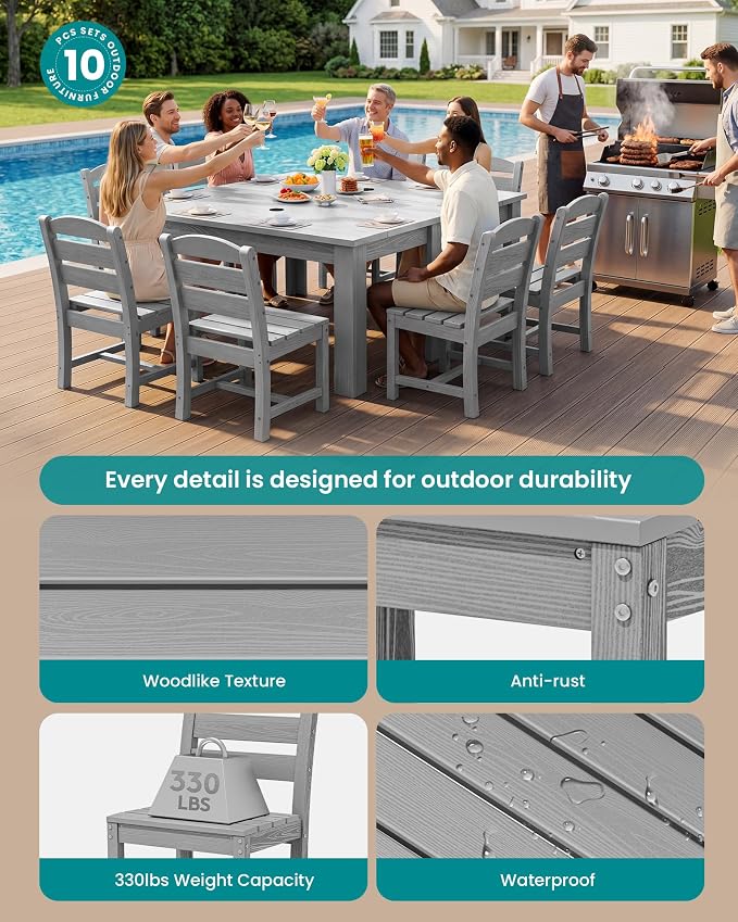 SERWALL 59" Patio Dining Set for 8, HDPE Dining Set, Light Gray | Include 2 Rectangular Tables and 8 armless Chairs, All Weather Dining Sets for Garden, Backyard