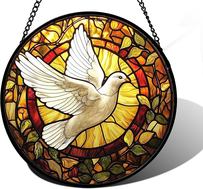 DASTOLL Stained Glass Window Hanging, Flying White Dove Sun Catchers Diamond Glass Panel Hangings Cute Birds Suncatcher Decor for Birthday for Women, Men, Wife, Aunt, and Mom 9.8X9.8 in