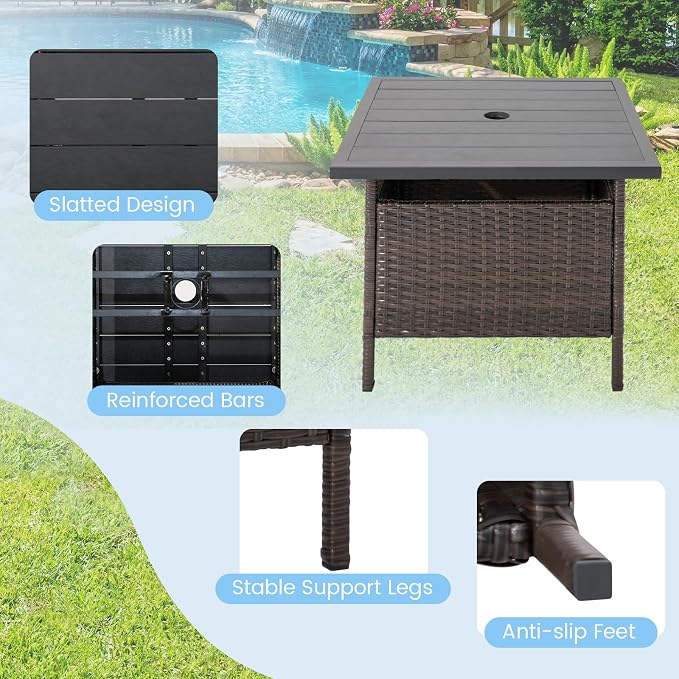 LDAILY Patio Table Umbrella, Outdoor Table with Umbrella Hole, Rattan Patio Side Table with Steel Umbrella Hole, HDPE Desktop & Metal Frame for Deck Garden Poolside Backyard Balcony, Mix Brown