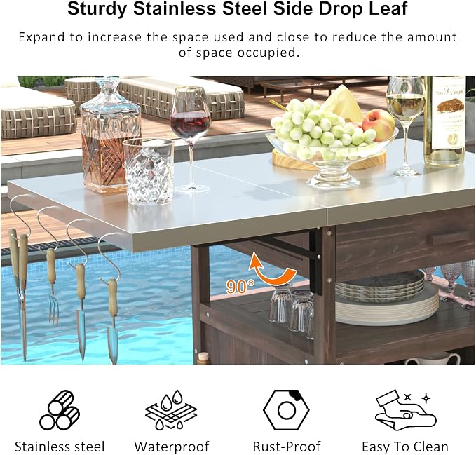 Solid Wood Outdoor Small Grill Table Kitchen Island with Stainless Steel Drop Leaf, Farmhouse Serving Cart with Drawer and Wheels, Outdoor Side Bar Table for Patio, Lawn Garden, Kitchen, Brown