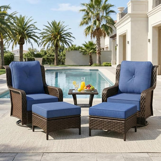 Sundale Outdoor 5 Piece Patio Furniture Set with Ottoman, Wicker Outdoor Swivel Chairs with 6" Cushions, High Back Rattan Patio Conversation Sets with Deep Seating for Porch, Yard (Blue)
