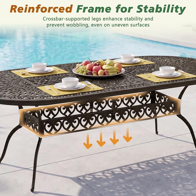 Patio Dining Table, 87" Outdoor Patio Table with Umbrella Hole Bronze Oval Cast Alluminum Patio Metal Dining Table, Outdoor Furniture for Backyard Lawn Balcony Deck