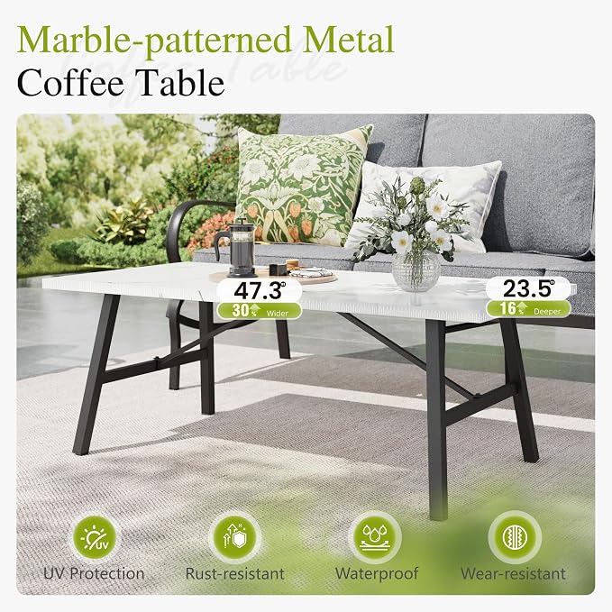 Sophia & William Patio Furniture Sets for 7 Outdoor Conversation Set 6 Pcs with 4 x Armrest Cushioned Sofa Chairs, 1 x 3-Seat Sofa, 1 Marbling Metal Coffee Table Garden Backyard Poolside Grey
