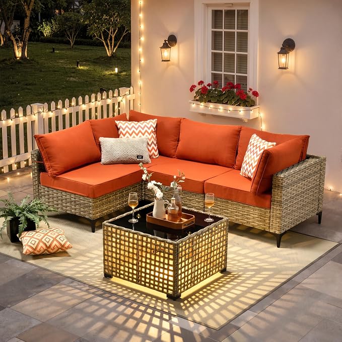 5 Piece Outdoor Sectional Patio Furniture Set with Solar Lighted Coffee Table, Modular Wicker Conversation Set with Flexible L-Shaped Layout for Porch Balcony Backyard, Red