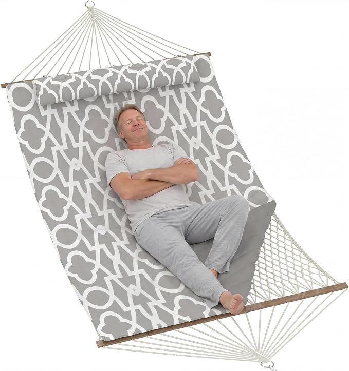 Takywep 2 Person Hammock with Polyester-Cotton Pad, 12FT Double Hammock with Wooden Spreader Bar, Removable Pillow, 450LBS Capacity, 2-in-1 Outdoor Hammock for Patio, Garden, Beach (No Stand)