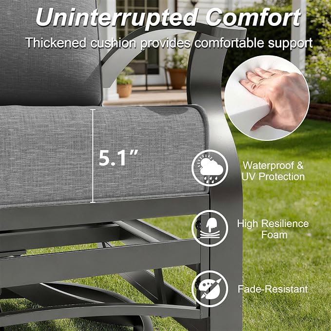 Gotland 6 Piece Patio Set, Aluminum Outdoor Swivel Chairs Set with Round Table 5.1’’ High-Resilience Seat Cushions 29.5" Deep Seating, Metal Patio Furniture Set Patio Conversation Sets, Grey