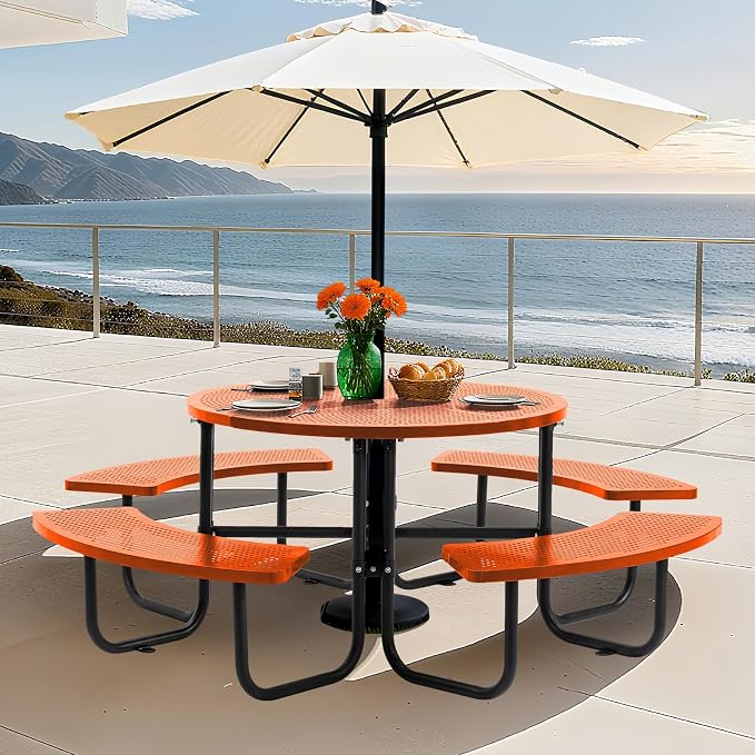 46" Round Metal Picnic Table with Umbrella Hole, Heavy Duty Outdoor Dining Set with Open Air Mesh Top, Stainless Steel Portable Table for Backyard, Patio, Garden - Orange (Orange-Round)