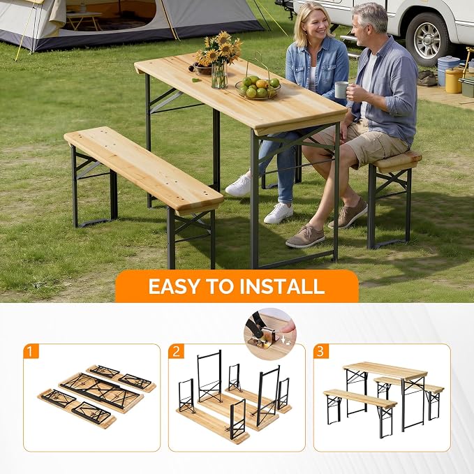 VINGLI 45 Inch Folding Picnic Tables with Benches Set, Weather-Resistant Wooden Beer Garden Table Bench, 3-Piece Portable Fold Up Camping BBQ Table,Natural Wood Color