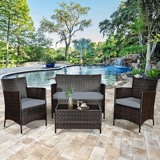 4 Pieces Patio Sofa Set, Wicker Conversation Set with Ergonomic Curved Backrest, Patio Rattan Furniture Set with Water-Resistant Cushion & Tempered Glass Table for Balcony, Porch (Gray)