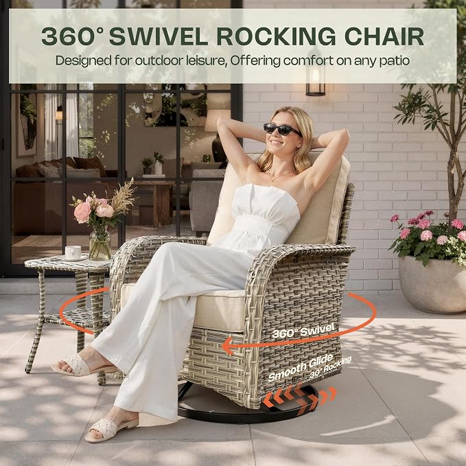 11 Piece Patio Furniture Set Outdoor Sectional with 54" Fire Pit Table, Wicker Swivel Rocking Chairs and L-Shaped Rattan Couch, Modular Conversation Set with Solar Coffee Table for Backyard, Beige
