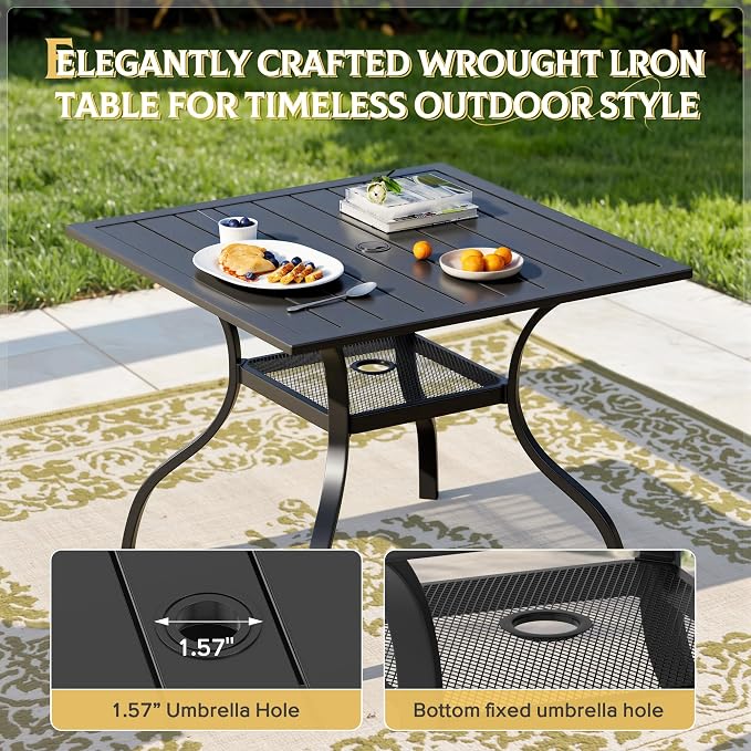 Incbruce Patio Dining Table, 37" x 37" Square Table Metal Steel Slat Table with 1.57" Umbrella Hole, for Backyards, Porches, Gardens, or Poolside