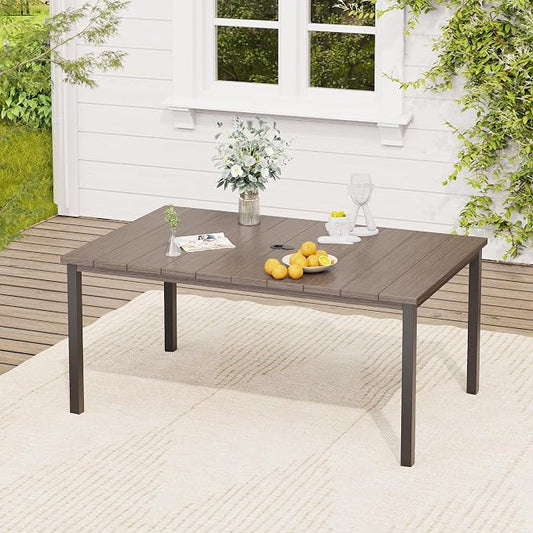 VICLLAX Outdoor Table for 6, Metal Patio Dining Table with Umbrella Hole for Garden Lawn Deck Backyard, Antique Grey Tabletop