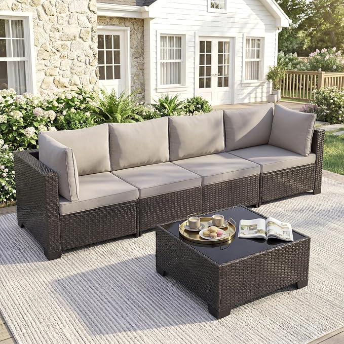 ANJ 5 Piece Outdoor Wicker Patio Furniture Set, Modular Loveseat Sofa with with Glass Top Coffee Table, All-Weather Rattan Conversation Couch Set for Balcony, Backyard, Dark Brown Wicker-Grey