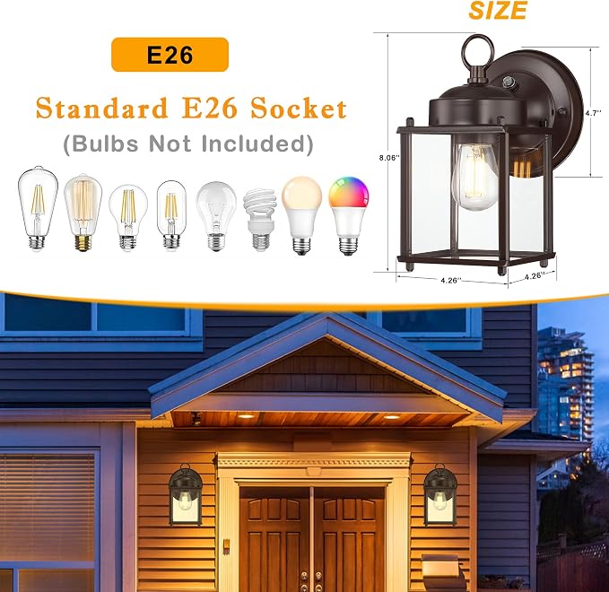 Outdoor Wall Light, Porch Lamp, Dusk to Dawn, Bronze | Exterior Wall Sconce Fixture for House, Garage, Patio, Rustproof Waterproof, Metal Housing with Glass, E26 Base, 4 Pack