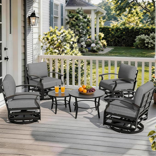 Gotland 6 Piece Patio Set, Aluminum Outdoor Swivel Chairs Set with Round Table 5.1’’ High-Resilience Seat Cushions 29.5" Deep Seating, Metal Patio Furniture Set Patio Conversation Sets, Grey