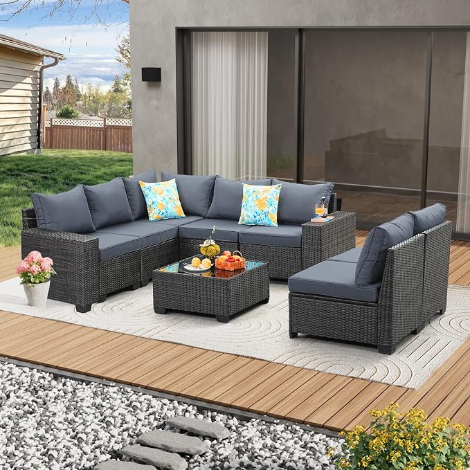 JOYURE 8 Pieces Patio Furniture Set All-Weather Outdoor Wicker Sectional Conversation Sofa Rattan Patio Seating Sofa with Cushion and Glass Table for Porch Poolside,Grey