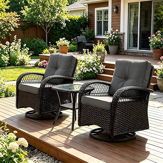 Outdoor Swivel Rocker Patio Chairs with Cushions，Outdoor Swivel Rocking Chairs Set of 2 with Rattan Side Table，360 Degree Swivel Seat Patio Furniture Set for Outside Porch Deck，3 Pieces