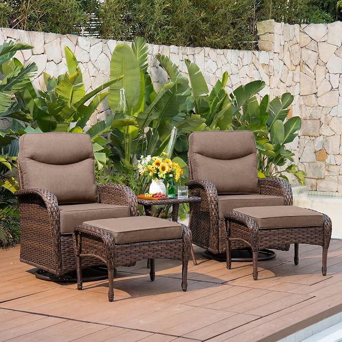 Belord Upgraded 6“ Cushion Luxury 5 Pieces Patio Furniture Set - All Weather Wicker Outdoor Swivel Rocker Patio Chairs of 2 with Ottomans, High Back Glider Chairs Set for Deck Porch - Brown/Blue
