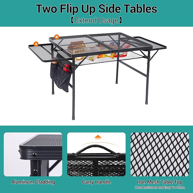 Nice C Folding Grill Table, Camping Tailgate Metal Table, 2 Tier Mesh Grill Station, with Metal Folding Adjustable Height&Width, Mesh Net, Carry Handle, for Outdoor