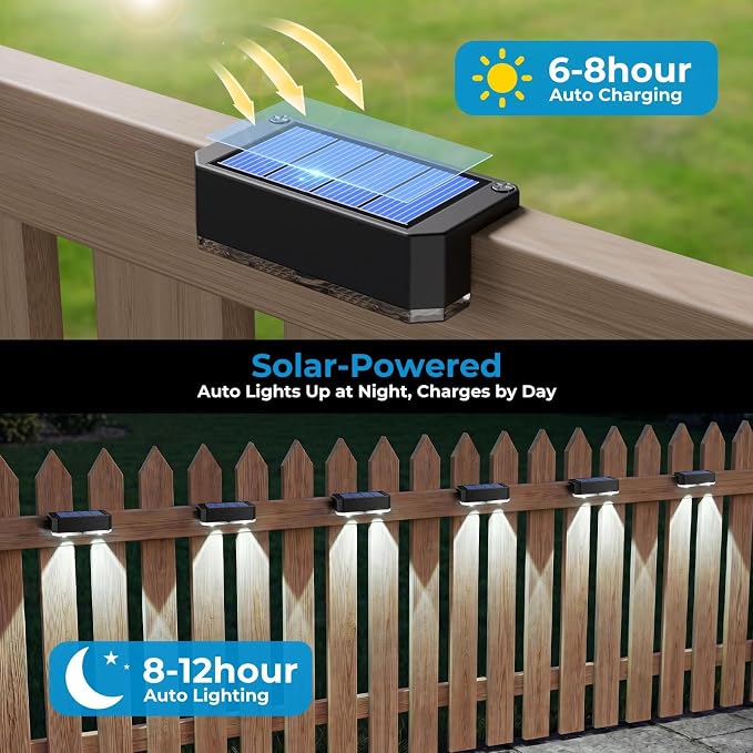 8 Pack Solar Fence Lights Outdoor, Deck Light Solar Powered, IP65 Waterproof Led Riling Solar Lights for Outside Yard Step, Cool White