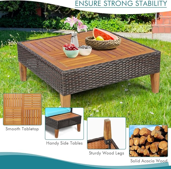 4 Pieces Patio Rattan Furniture Set Modular Patio Furniture Set Sectional Wicker Sofa Set Cushioned Loveseat with Wooden Side Table