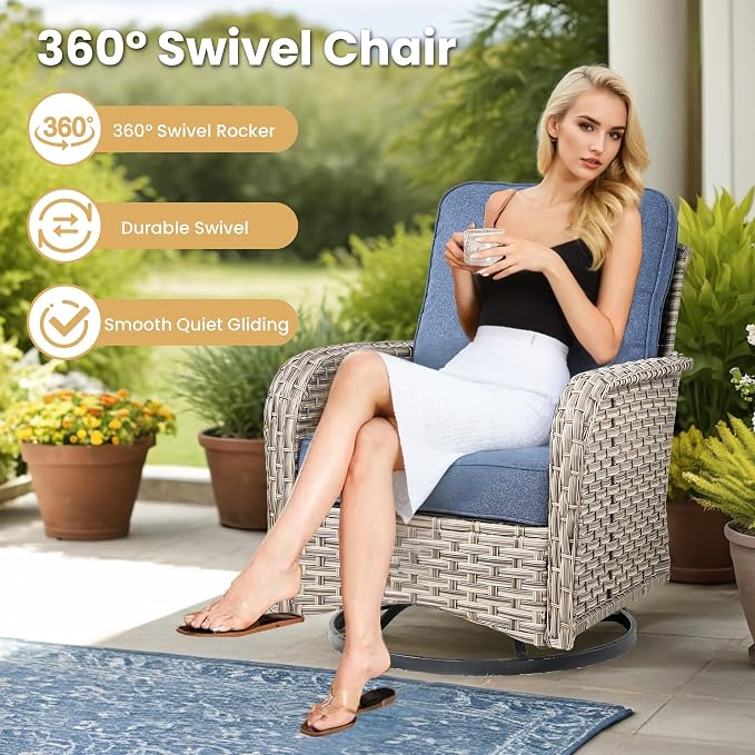 HOOOWOOO 8 Pieces Patio Furniture Set,L Shaped Outdoor Sectional Couch with Swivel Chiars Solar Table, Pe Wicker All Weather Outside Conversation Sofa Ottoman Set,Denim Blue
