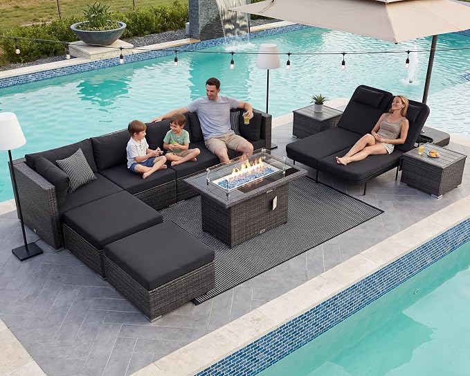 NICESOUL 11 Piece Sectional Outdoor Set with Chaise Lounge, Extra Large Backyard Seating with Firepit, 29.3'' Highback Patio Couch Sofa, Heavy Duty All-Weather Wicker Furniture for Deck, Grey & Black