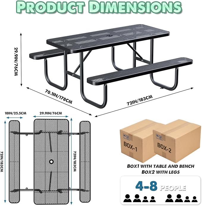 Ceridwen Heavy Duty Picnic Table with 2 Benches, Expanded Metal Steel Mesh Outdoor Patio Dining Table Bench Set with Umbrella Hole,Outdoor Patio Dining Table for Garden (Rectangular, Black, 6FT)
