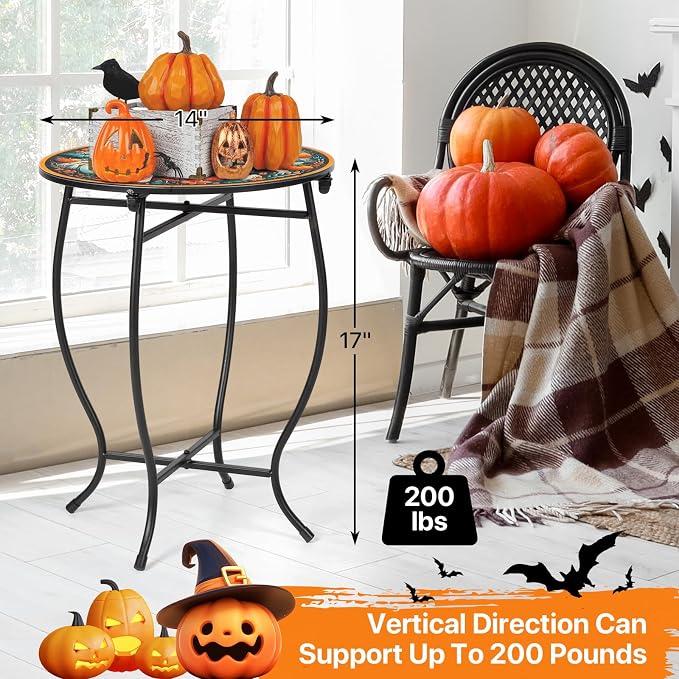 Fashion&cool Patio Side Tables, 14 Inch Weather Resistant Metal Outdoor Side Table for Halloween, Round End Table Side Table for Patio Yard Porch Balcony Garden Bedside, Plant Stand (Orange-Pumpkin)