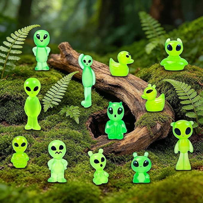 44 Pcs Luminous Mini Resin Alien Figures Glow in the Dark Alien Statues Miniature Figurines for Outer Space Party Micro Landscape Decor