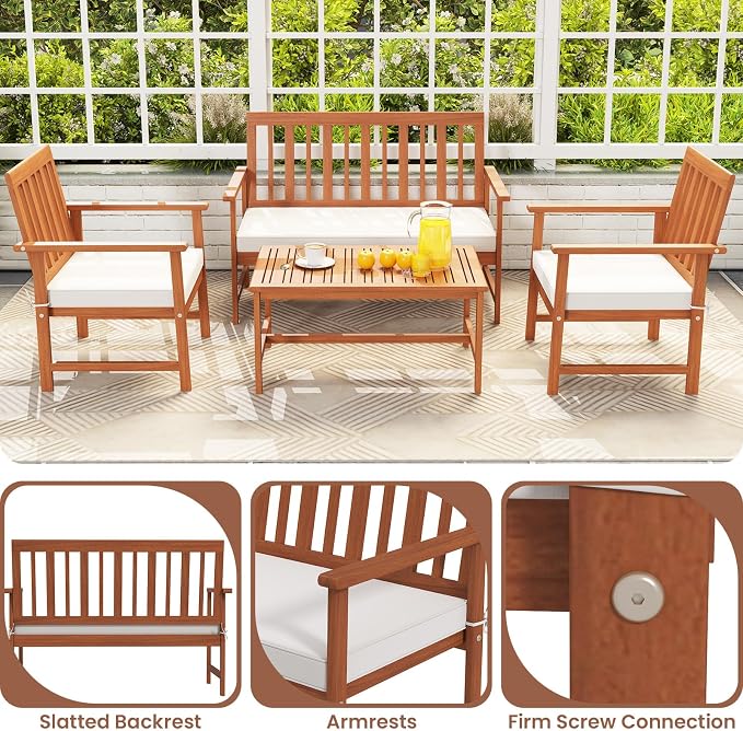 Tangkula 4-Piece Acacia Wood Patio Conversation Set, Outdoor Furniture Set with 2 Armchairs, Loveseat, Coffee Table, Soft Cushions, Slatted Sofa and Chairs Set for Deck, Backyard (Off White,1)