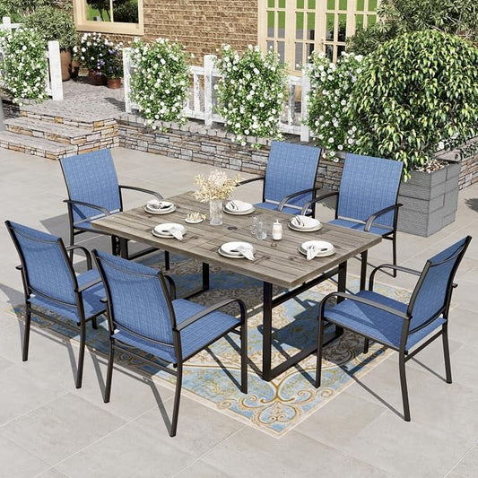 HERA'S HOUSE 7pc Outdoor Patio Dining Set, Wood-Look Metal Table, Blue | 6 textilene chairs, 64" rectangular table with umbrella hole. Waterproof, rust-resistant, all-weather for yard, porch