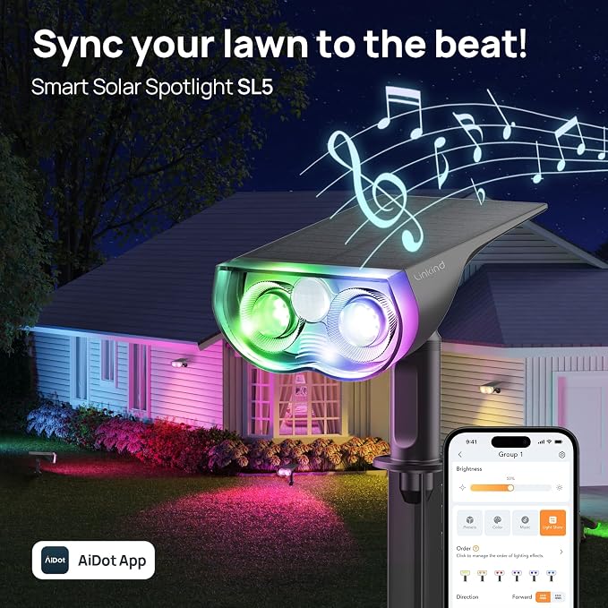Linkind Smart Solar Lights Outdoor SL5 with Motion Sensor,2 Pack, IP65 | APP Control,Color Changing Solar Spot Lights Outdoor Waterproof,43 Preset Scenes,Landscape Lighting for Yard