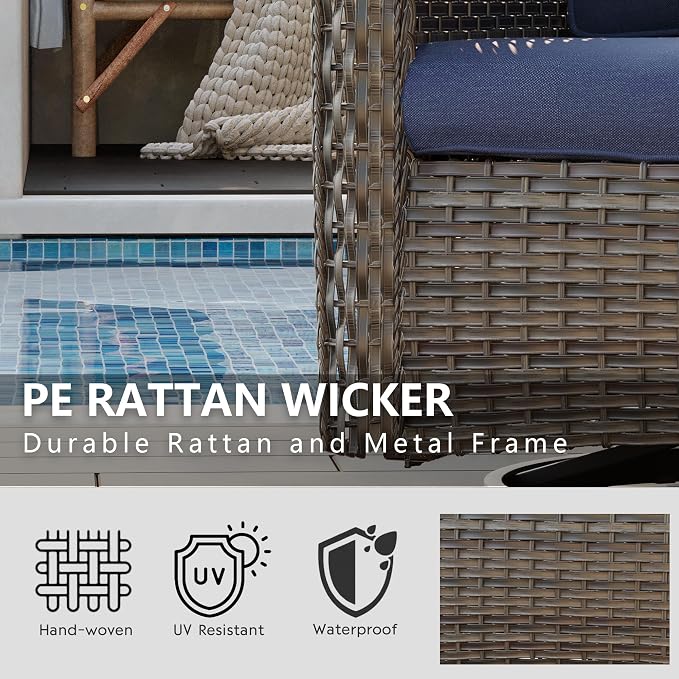 Outdoor 360 Degree Swivel Rocker Patio Chairs Sets of 2 and Matching Side Table - 3 Piece Patio Wicker Glider Chairs with Olefin Cushions(Mixed Grey/Blue)