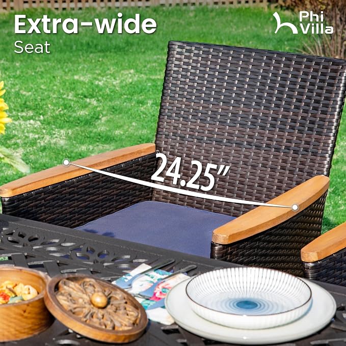 PHI VILLA 7 Pieces Expandable Cast Aluminum Outdoor Dining Set for 6, Extendable Metal Table with Umbrella Hole & Cushioned Wicker Rattan Chairs, Dining Furniture Set for Patio, Deck, Porch and Yard