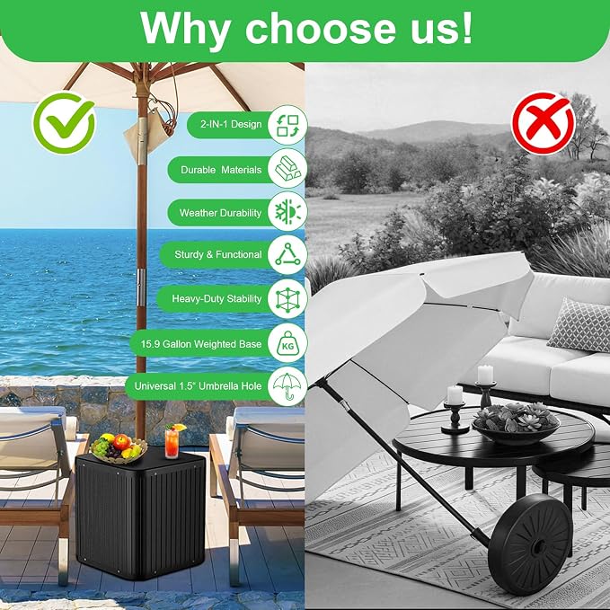 Umbrella Side Table with 1.5-1.6" Umbrella Hole, 132lbs Heavy Duty Fillable Umbrella Base Stand Table, 2-in-1 Modern Outdoor Patio Side Table for Yard Porch Poolside Deck Balcony Backyard Lawn