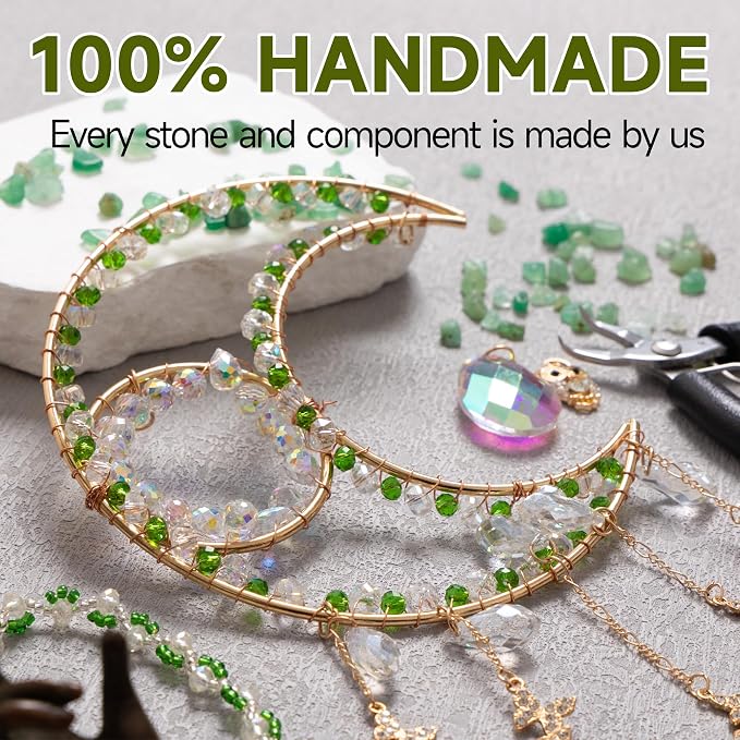 Moon Crystal Suncatcher Rainbow Maker Window Hanging Decoration - Green | Handmade crystal decoration with natural stones, creates rainbow reflections for windows, bedrooms and home decor.