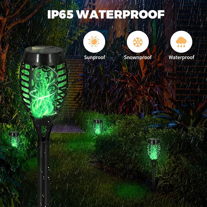 8 Pack Solar Lights Outdoor, Green Flickering Flame Torches | Green Flickering Flame, Long Nighttime Glow, Auto-On at Dusk, IP65 Weather-Resistant, Tool-Free Ground Setup