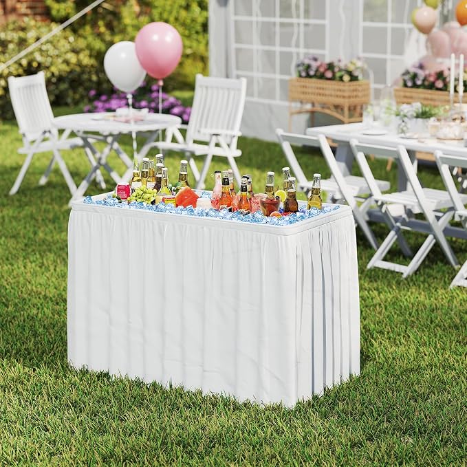 4 Foot Folding Ice Cooler Table, Portable Ice Tables for Parties with Drain, Detachable Matching Skirt & Foldable Bucket, Fill and Chill Table for Party, Picnic, Camping, Wedding, White