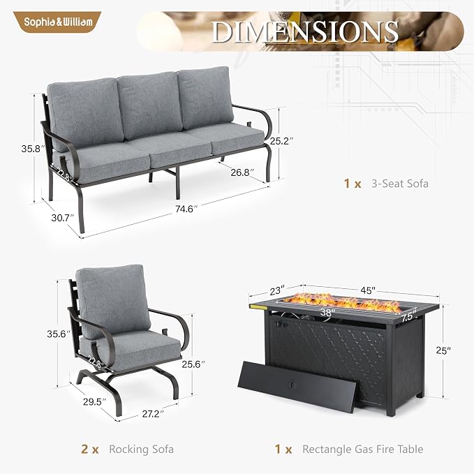 Sophia & William Patio Conversation Set for 5, 3-Seater Sofa, 2 Rocking Chairs and a 45" Fire Pit Table, Metal Outdoor Furniture with 5.75" Extra Thick Cushions, Grey